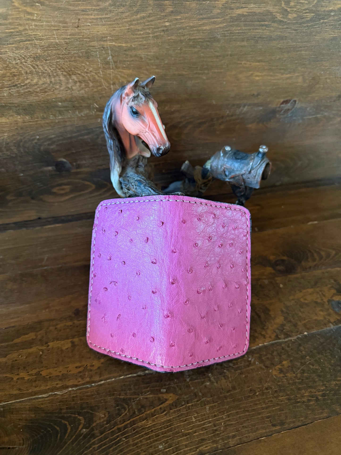 Pink ostrich skin compact wallet