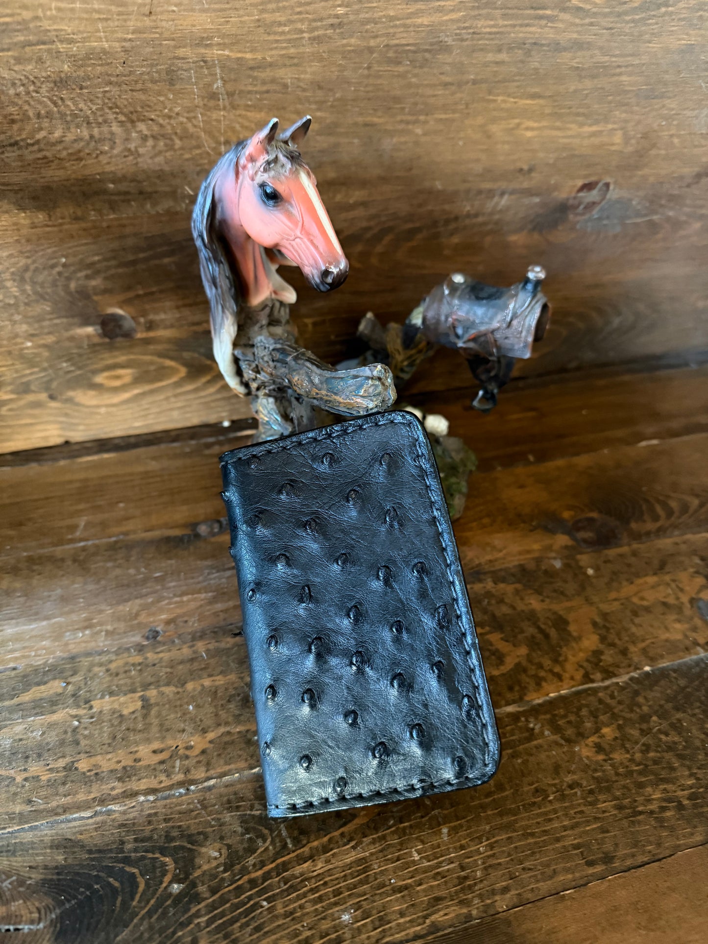 Black ostrich skin compact wallet