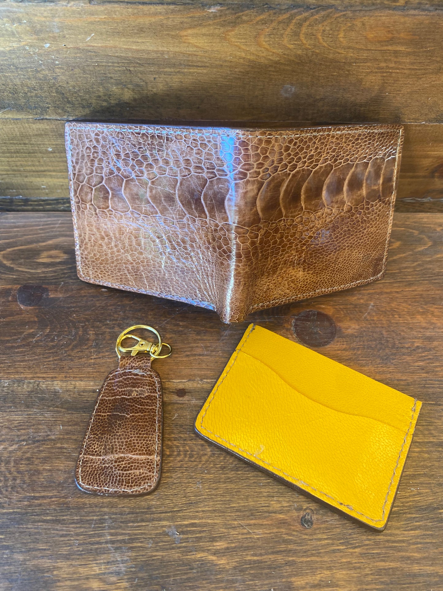 Brown/yellow ostrich leg wallet set