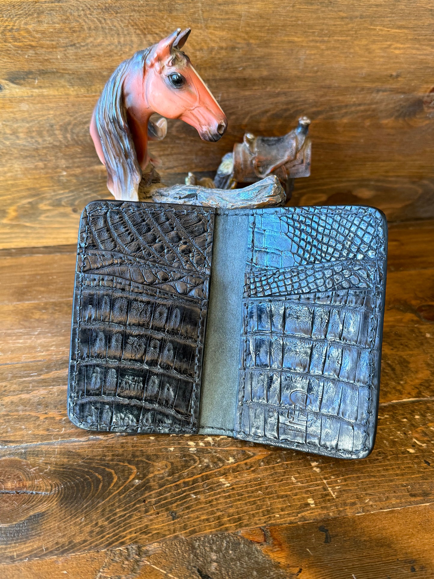 In/Out Black crocodile belly compact wallet.