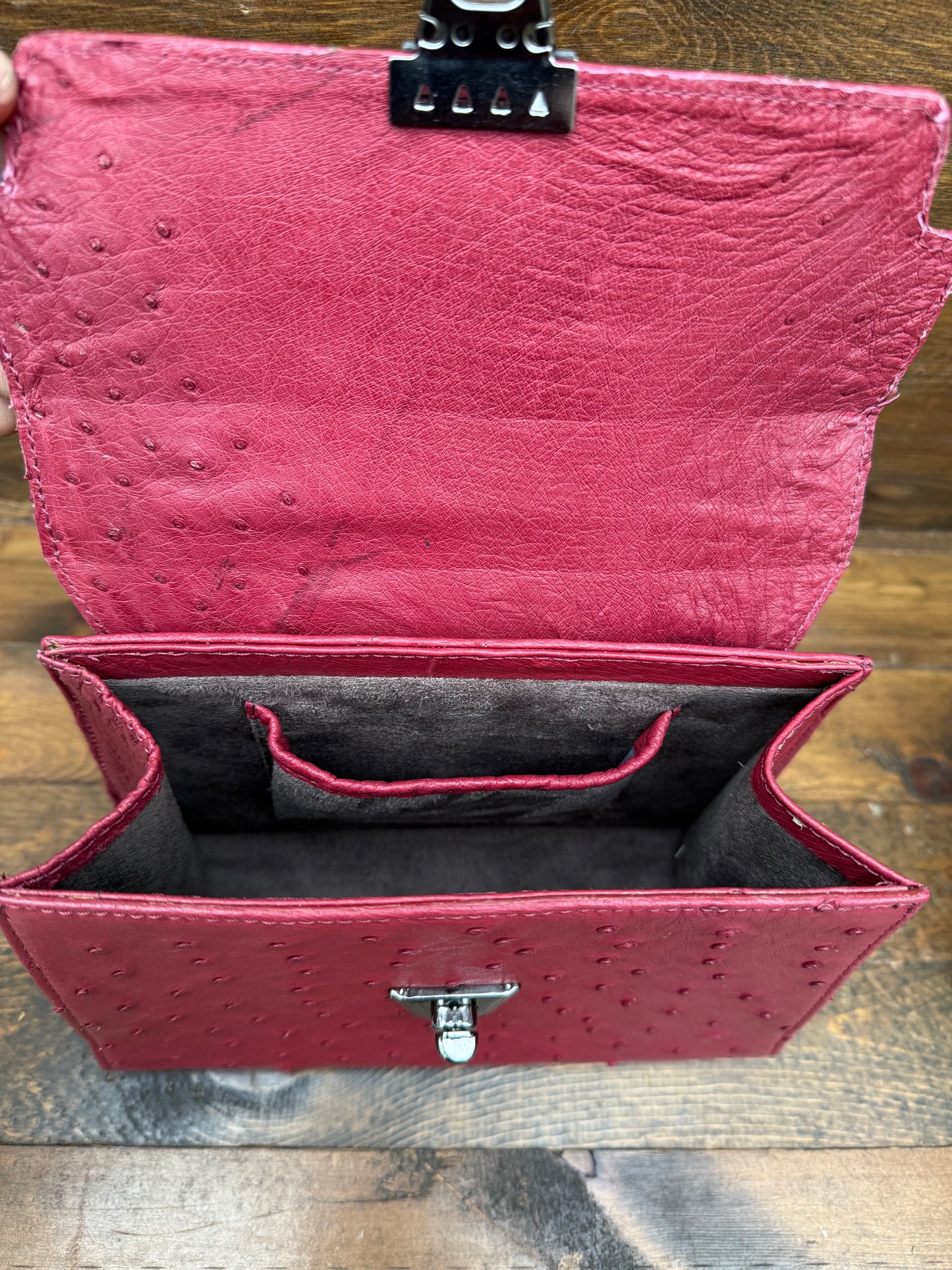 Burgandy ostrich skin handbag