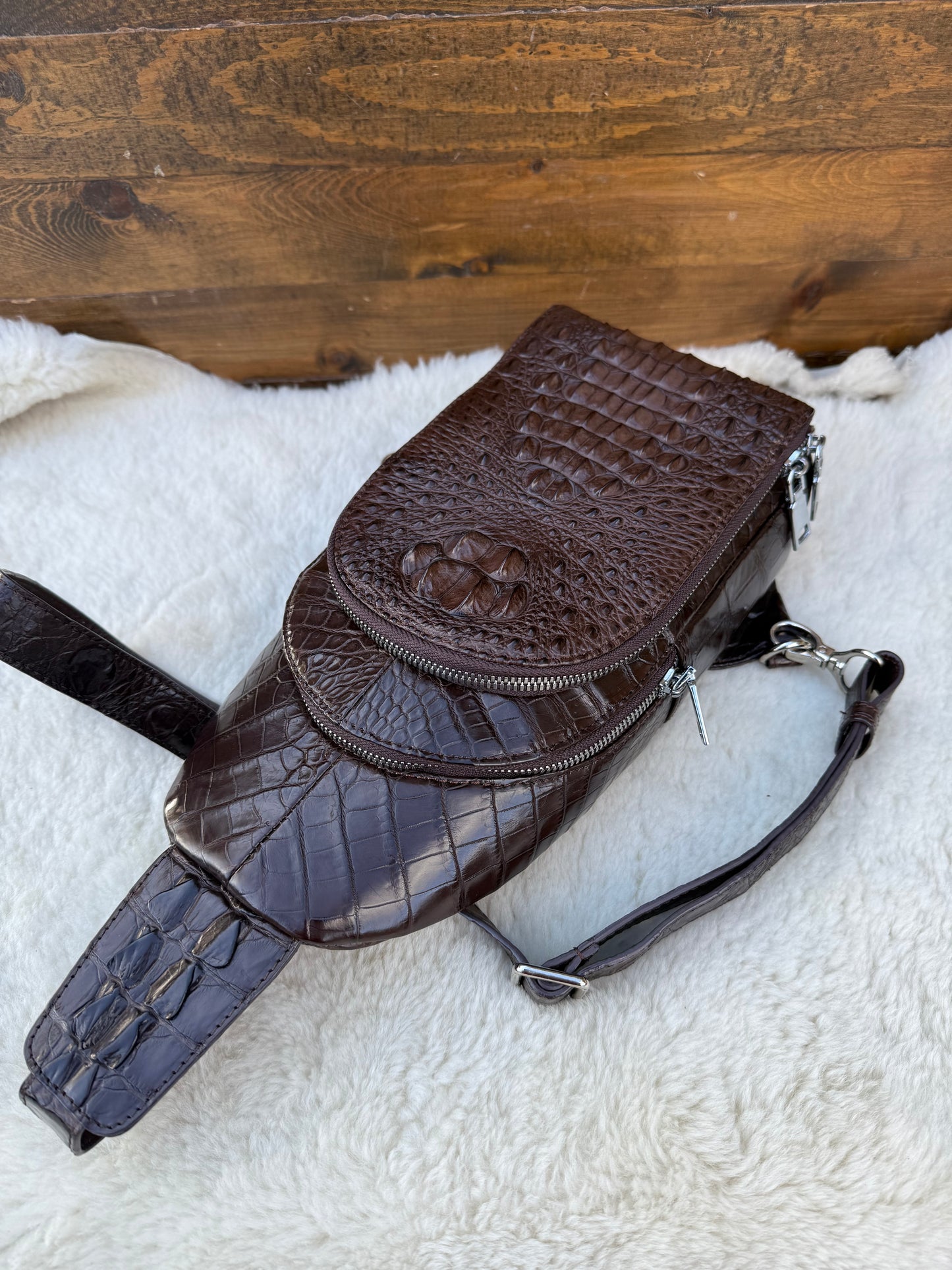 Brown Crocodile skin Deluxe sling bag