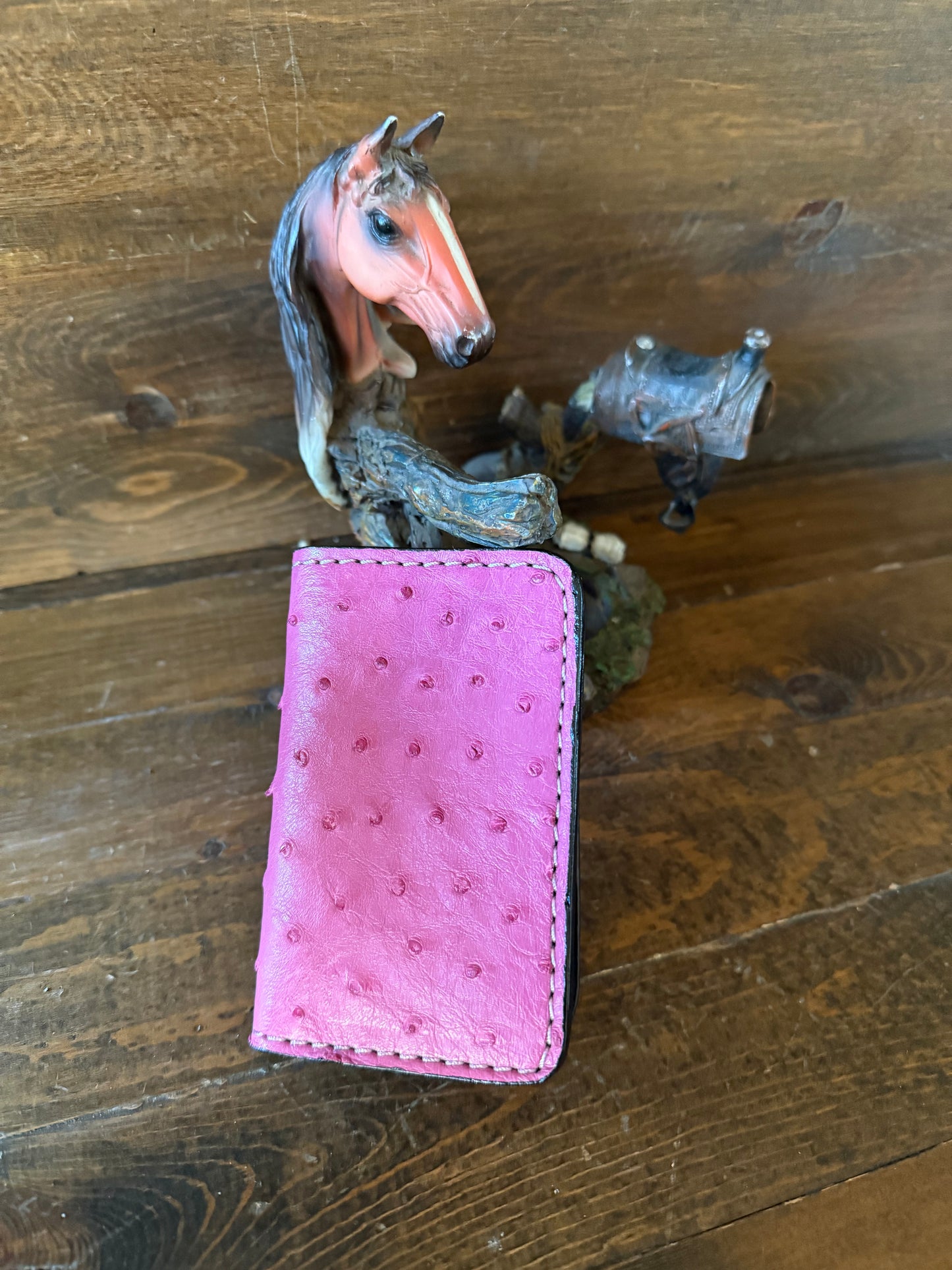 Pink ostrich skin compact wallet