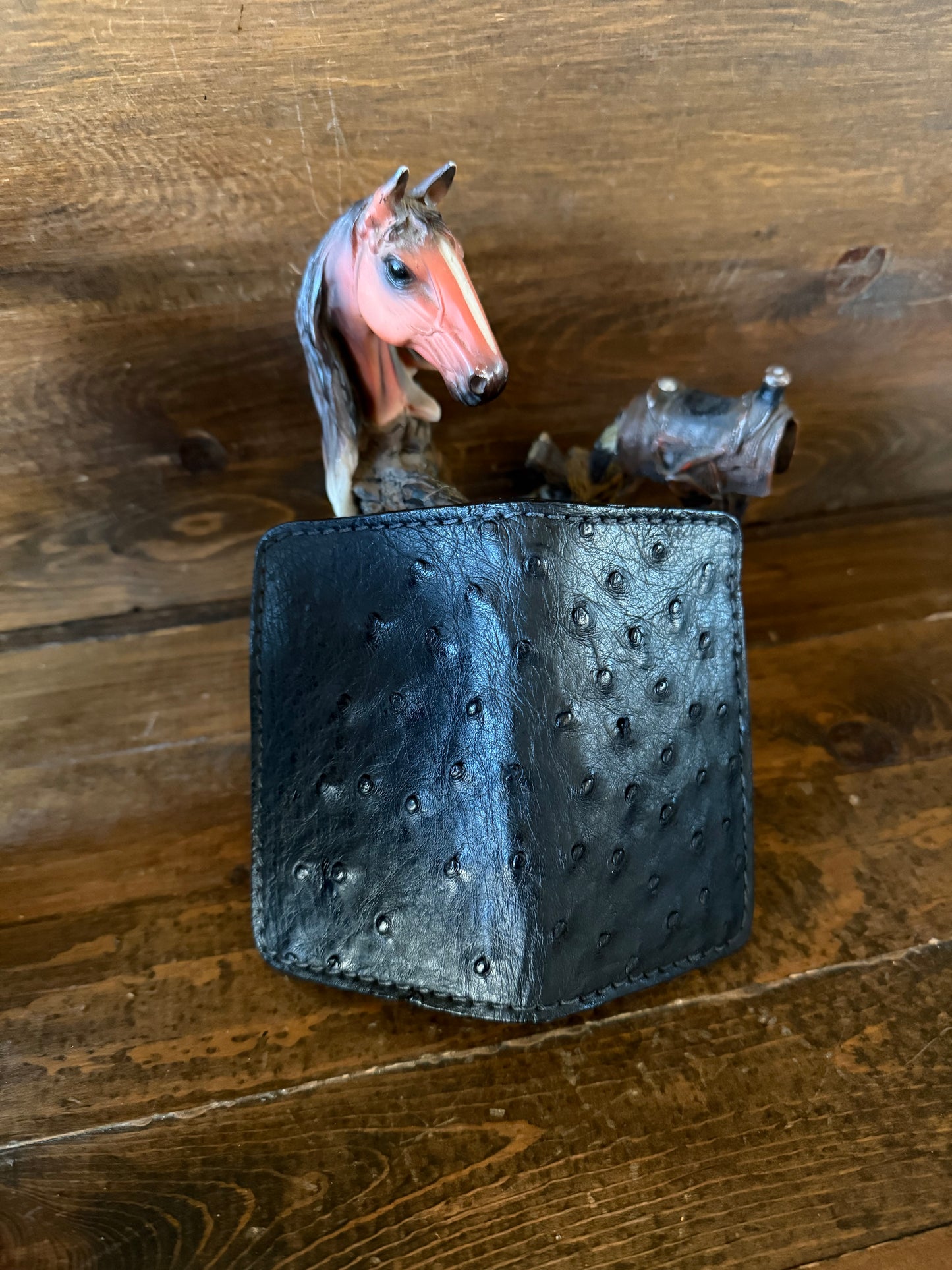 Black ostrich skin compact wallet