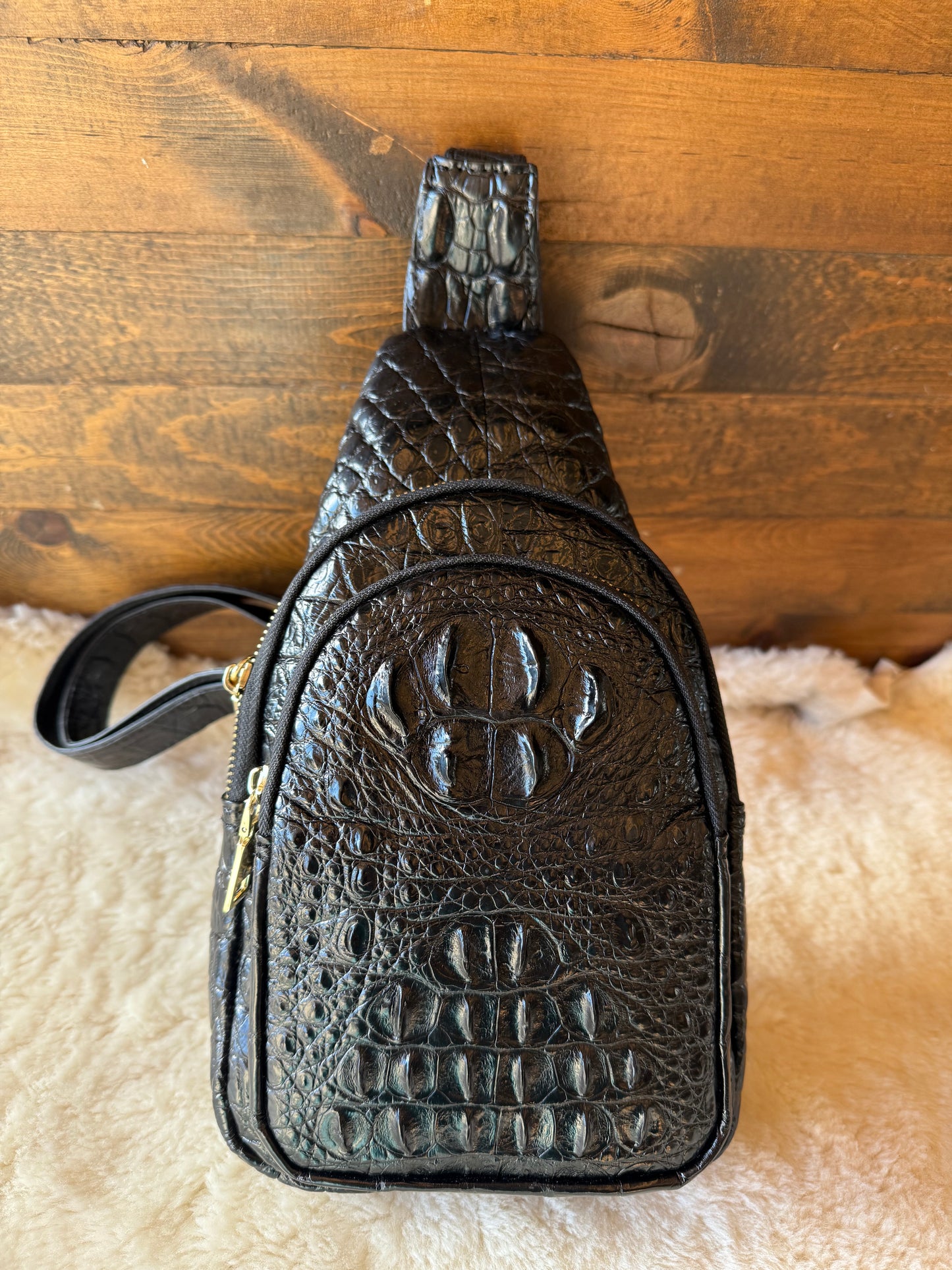 Black/Gold Crocodile deluxe sling bag