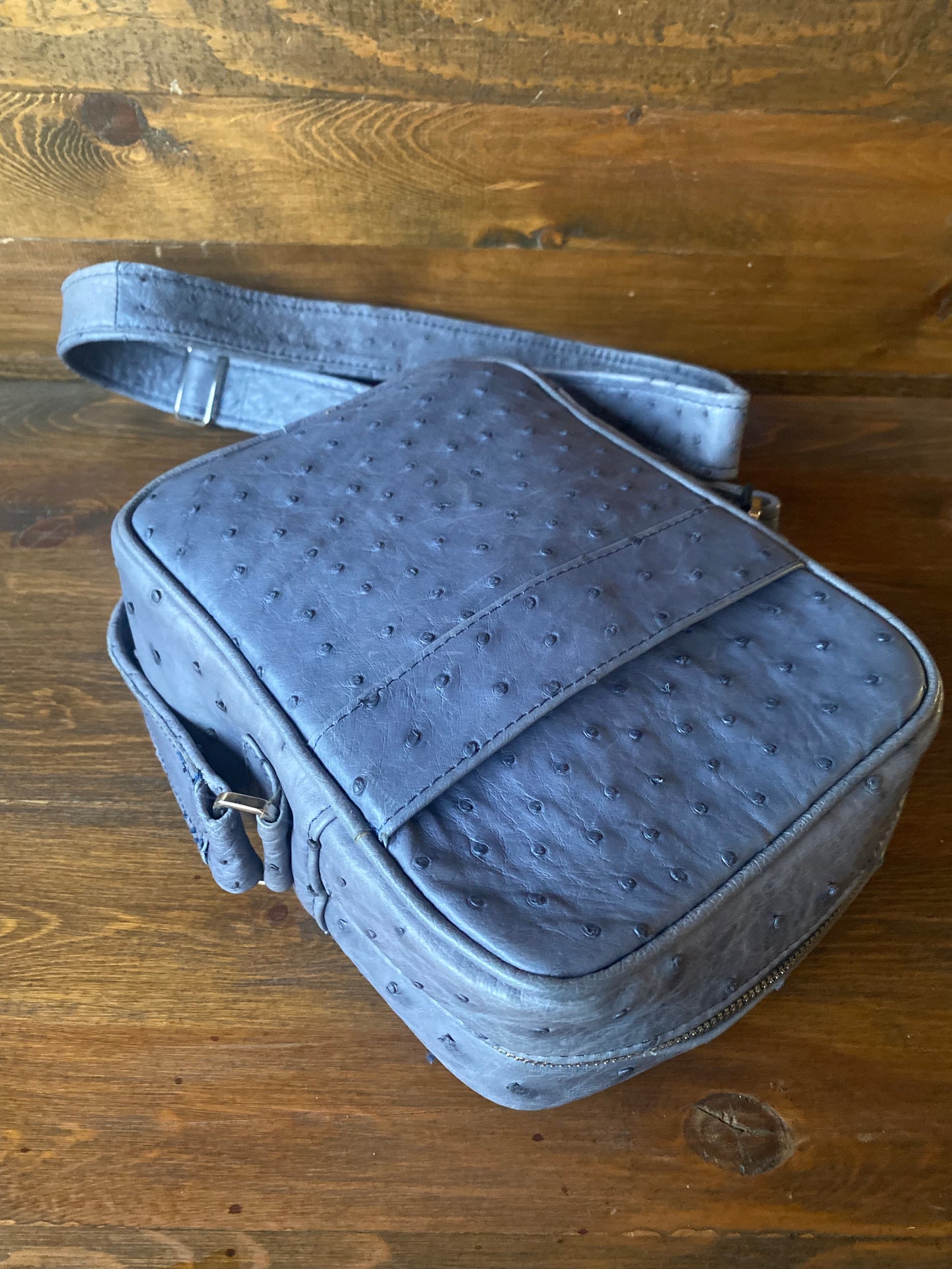 Gray ostrich skin crossbody bag
