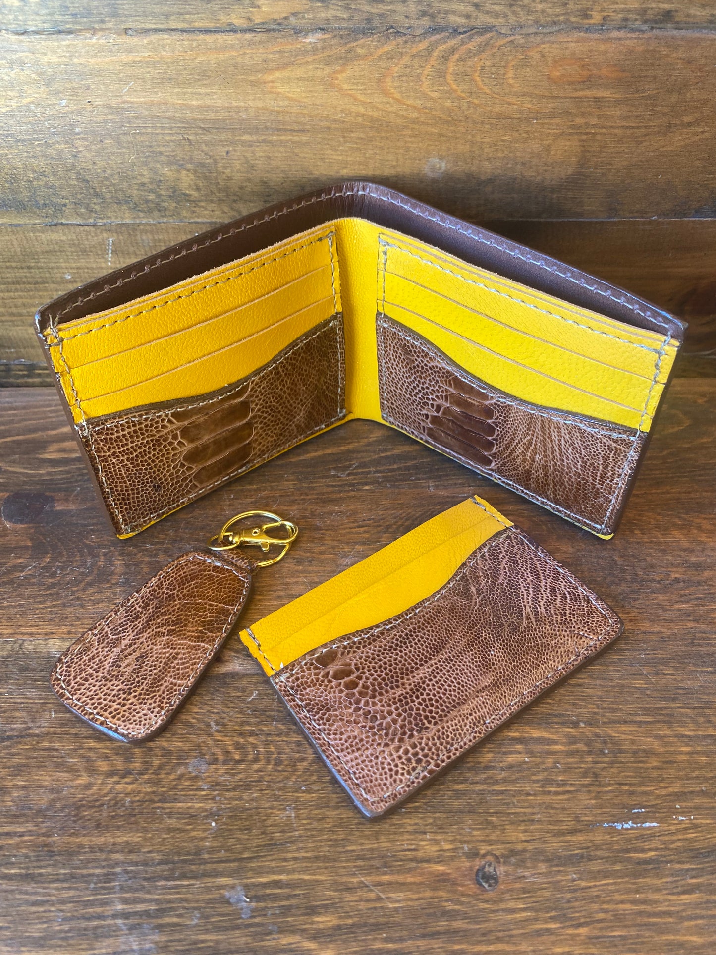 Brown/yellow ostrich leg wallet set