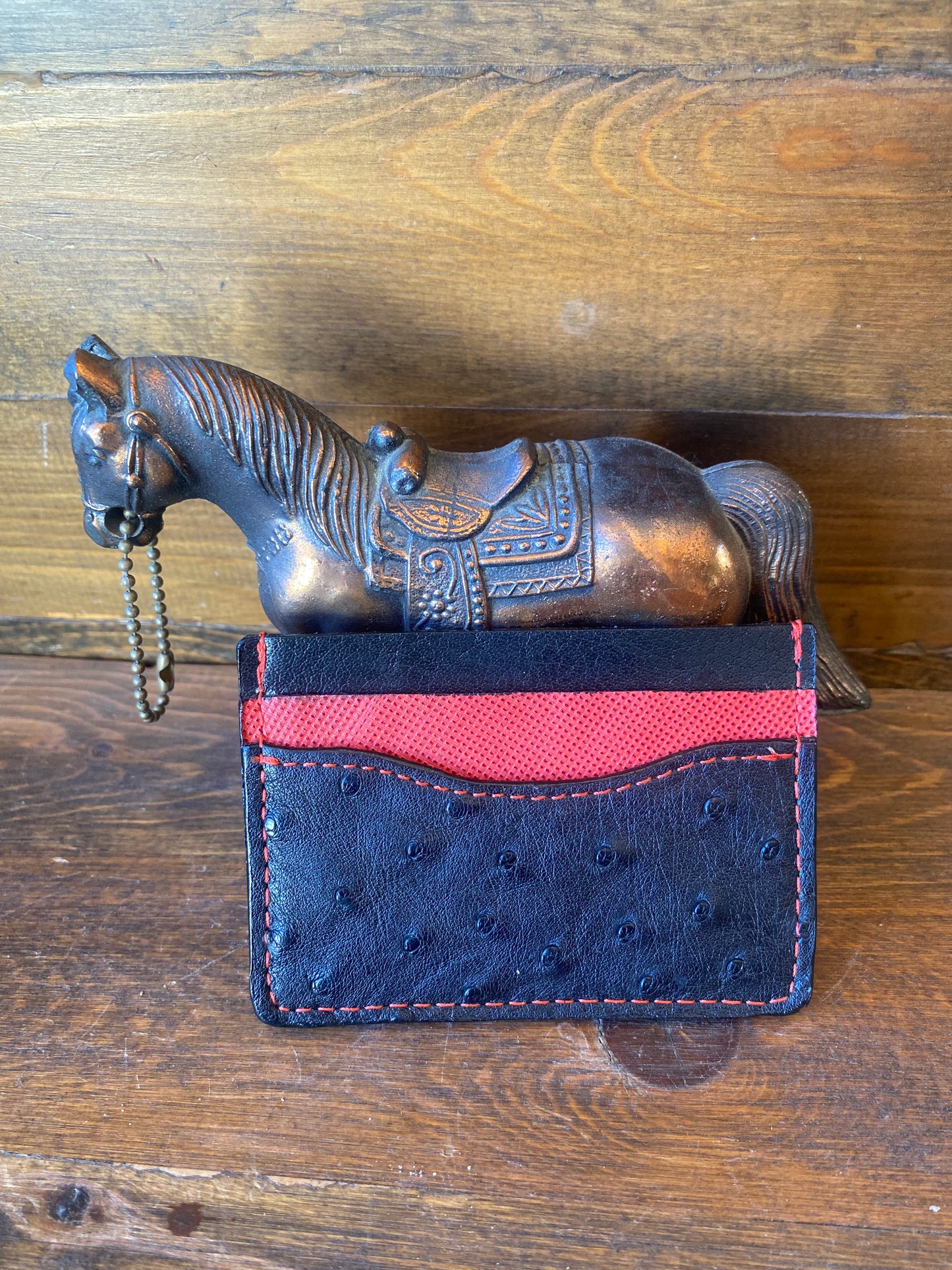 Black/red ostrich skin cardholder