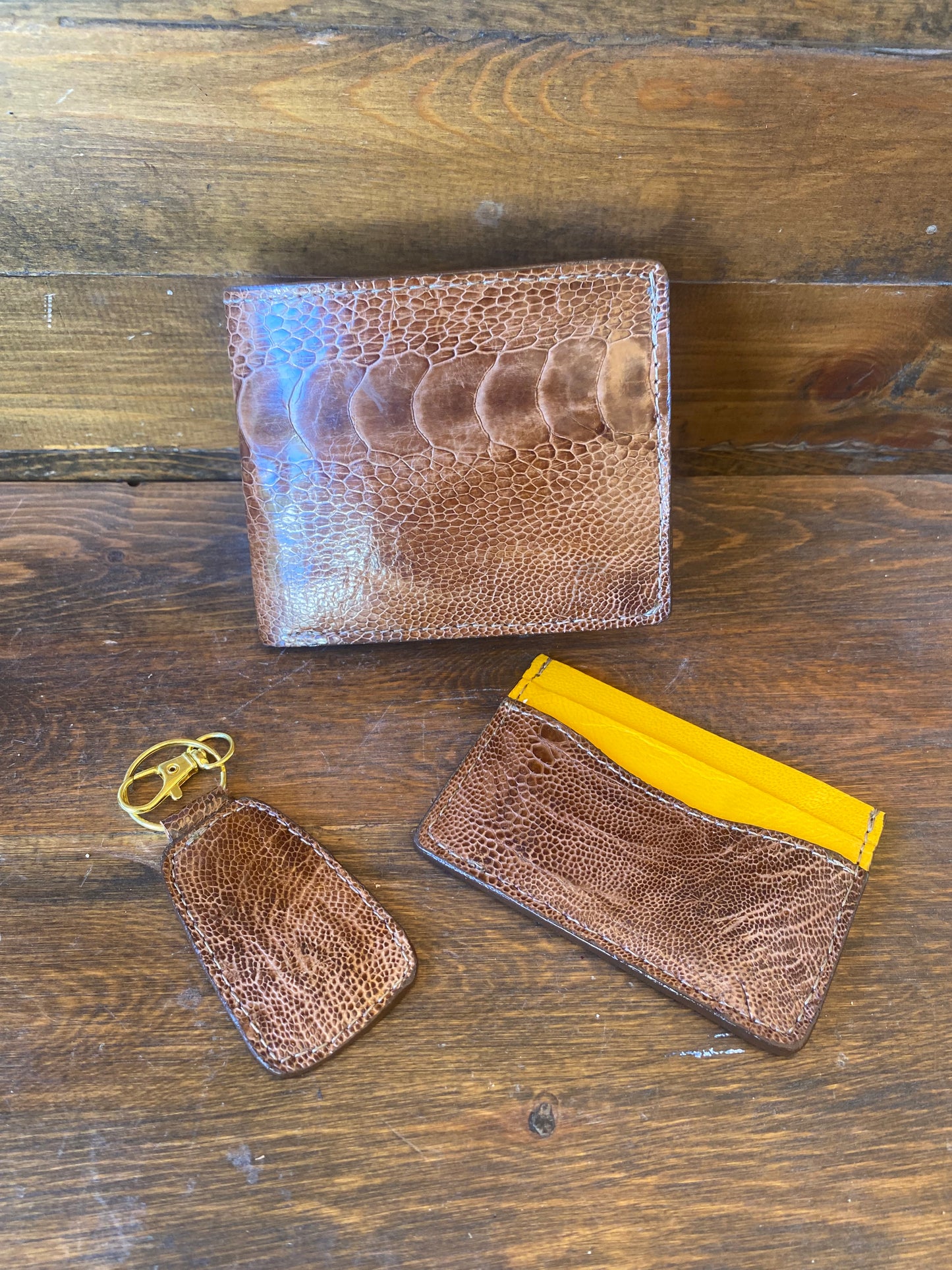 Brown/yellow ostrich leg wallet set