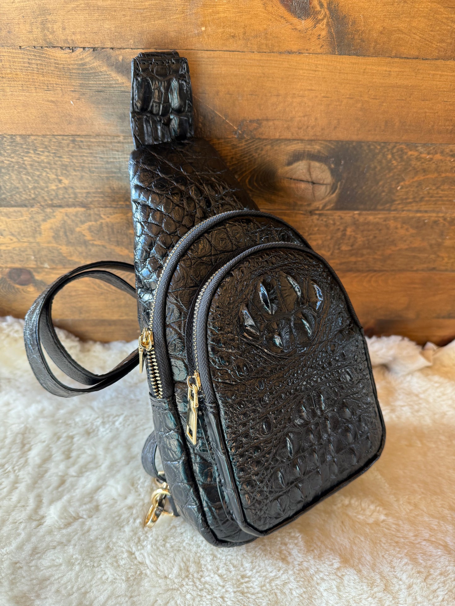 Black/Gold Crocodile deluxe sling bag