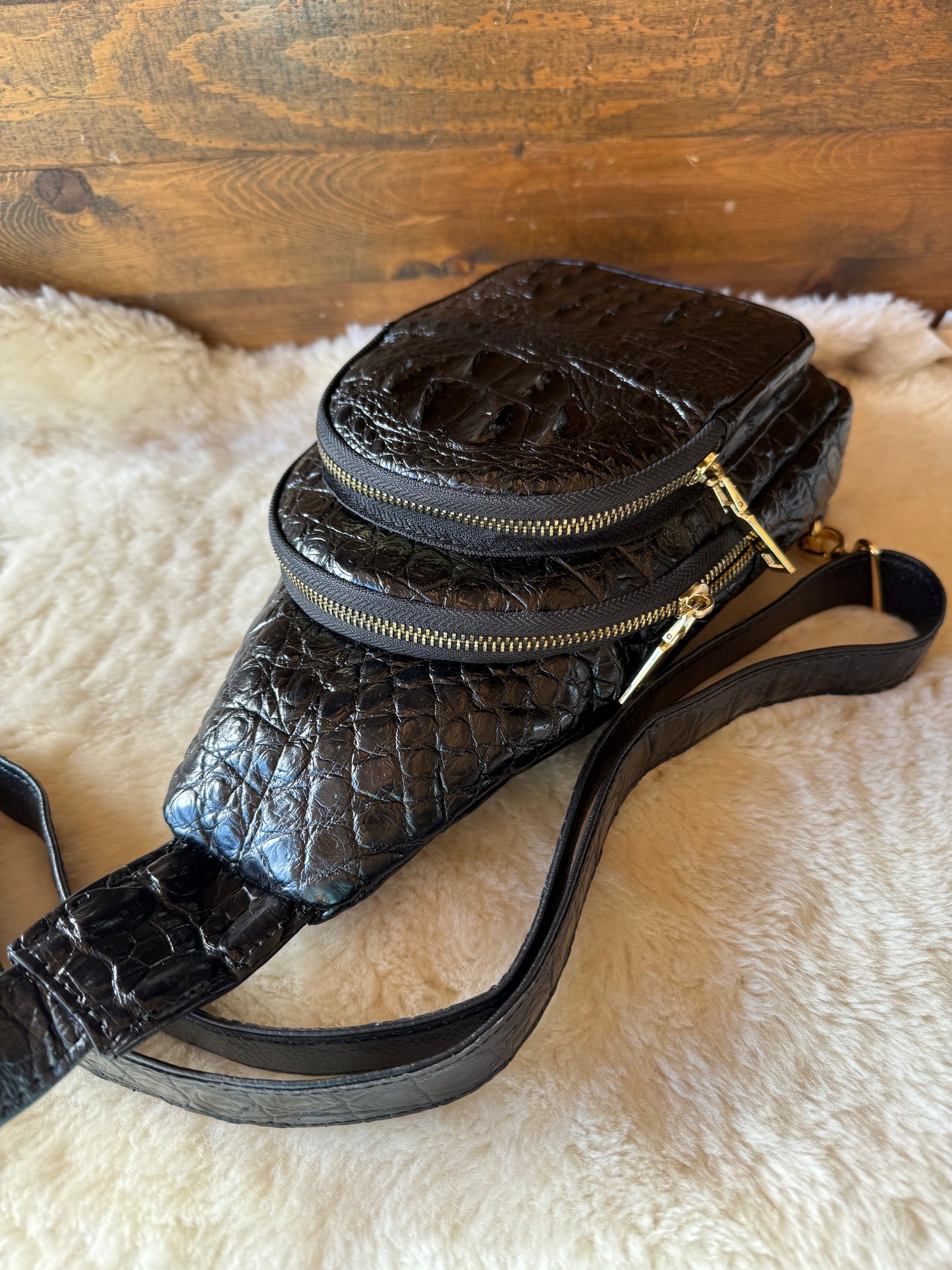 Black/Gold Crocodile deluxe sling bag