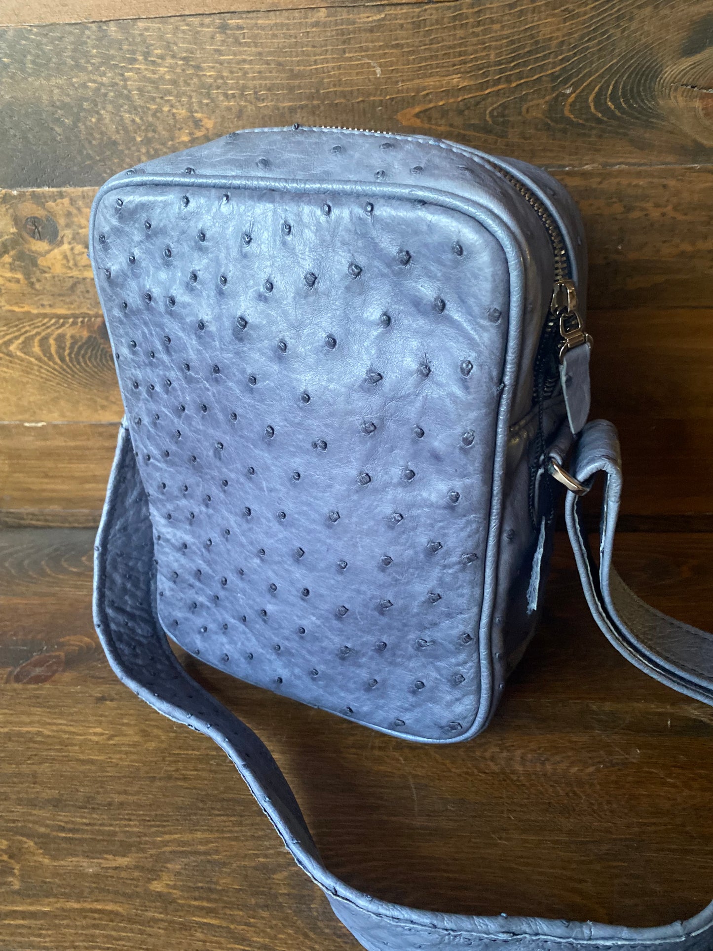 Gray ostrich skin crossbody bag