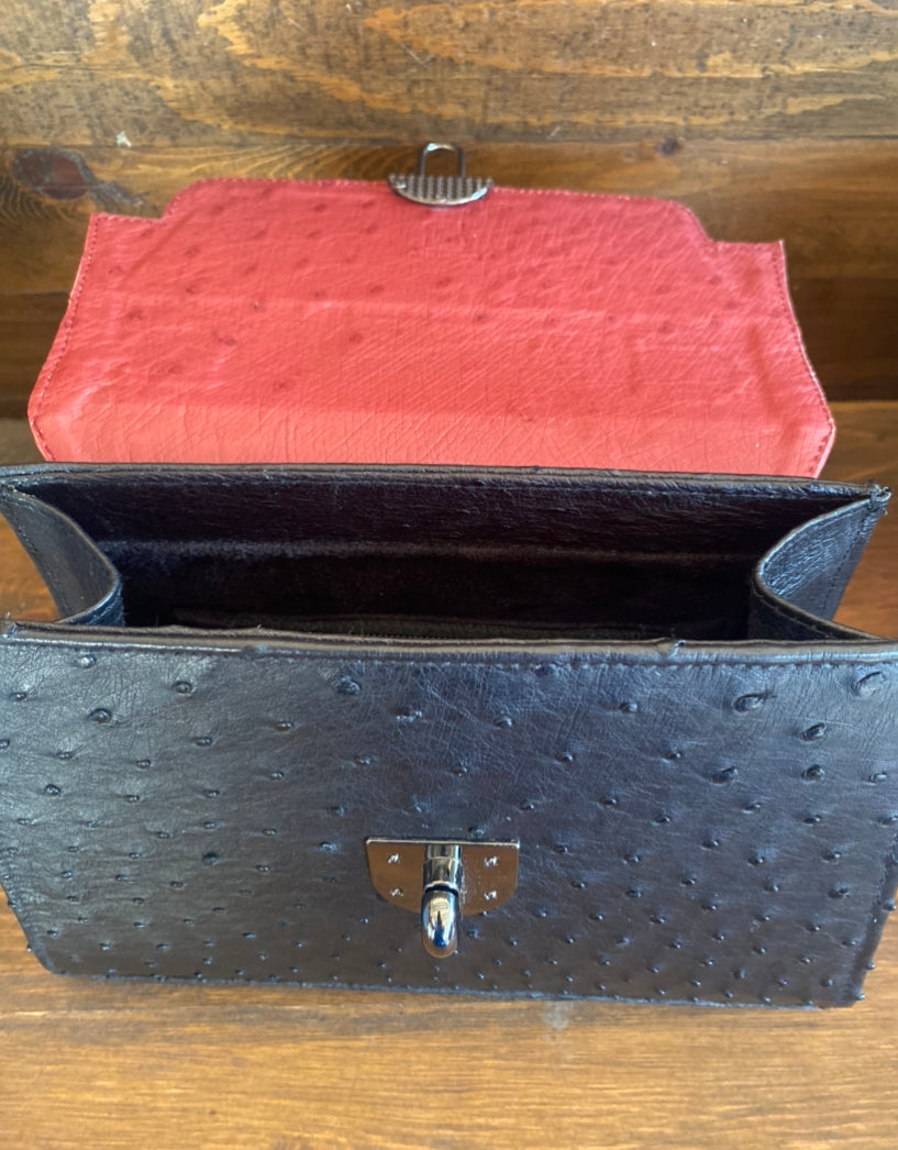 Black and rose red ostrich handbag