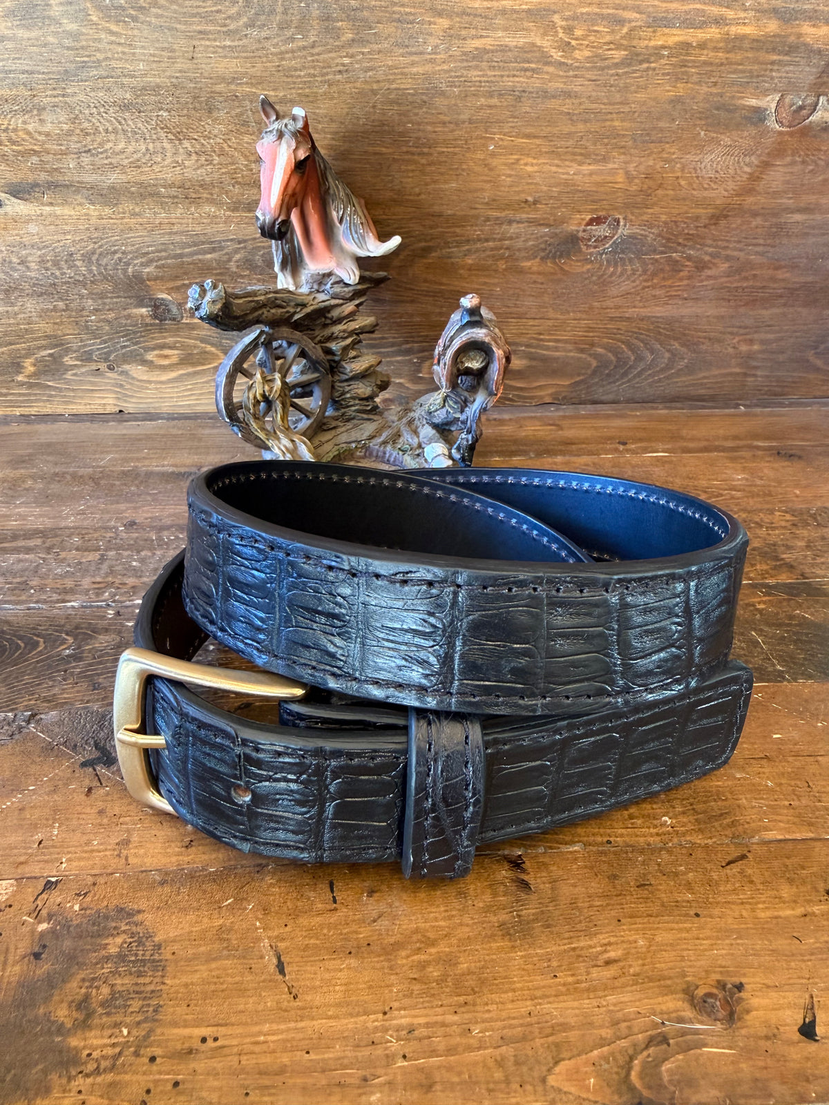 Black crocodile belt. Gold Brass buckle.