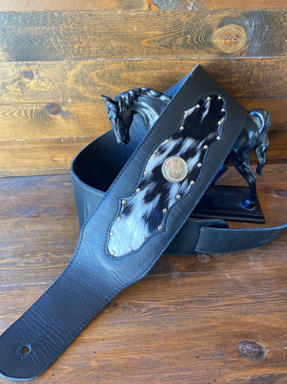 Black cowhide guitar strap w/conchos