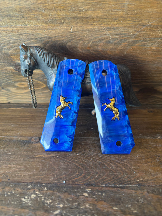 Blue Pearl w/Gold Horse 1911 Grips