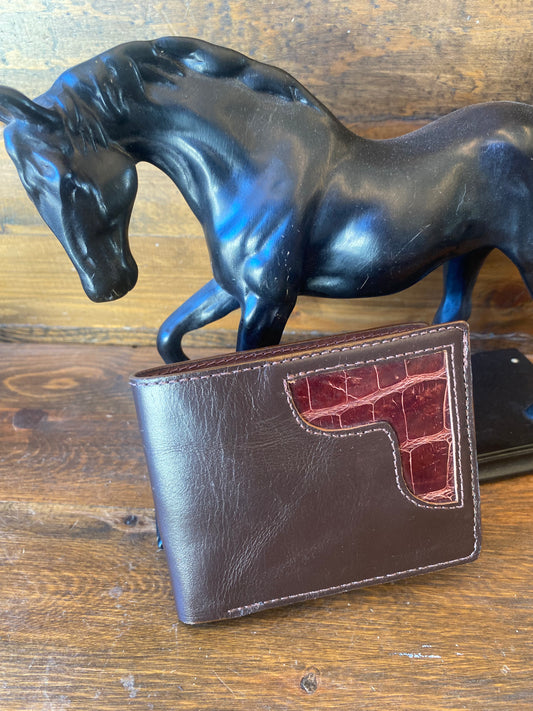 Brandy alligator corner bifold wallet