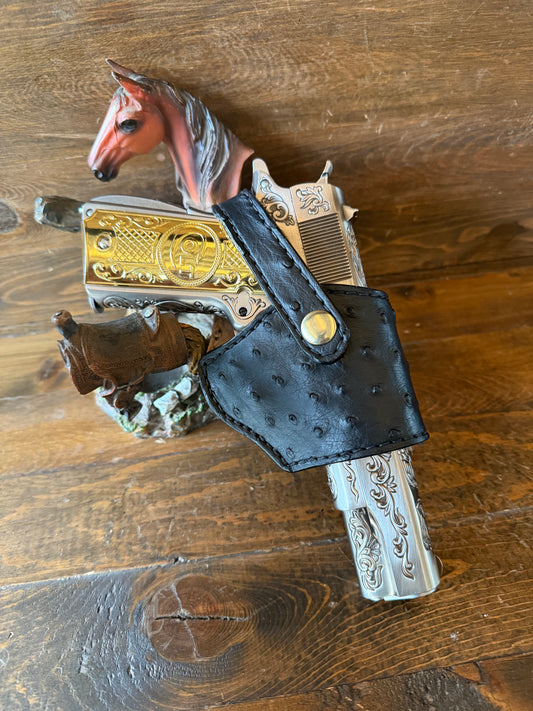 Deluxe black/gold ostrich compact holsters (1911). Sheep shearling int.