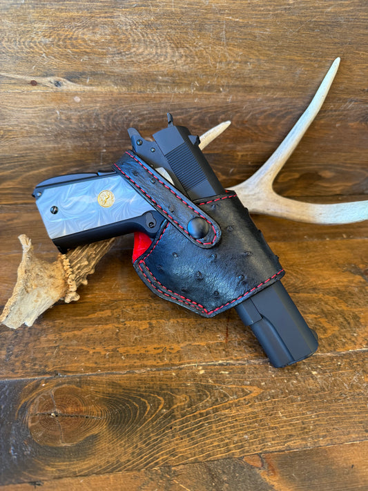 Black/red ostrich skin compact holster W/belt clip. (1911)