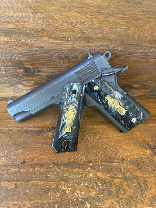 Black/Gold San Judas 1911 grips       ( w/screws )