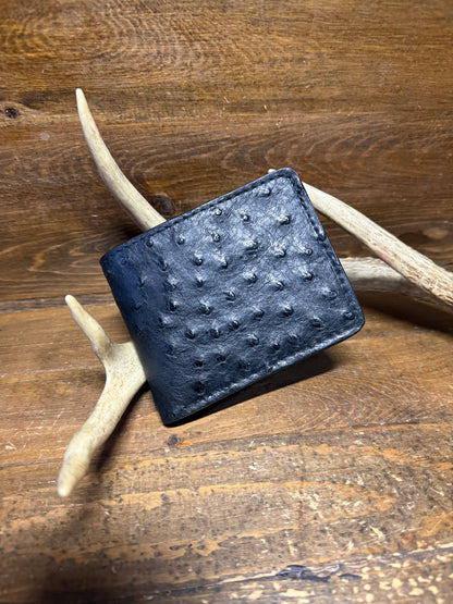 Black ostrich skin bifold wallet