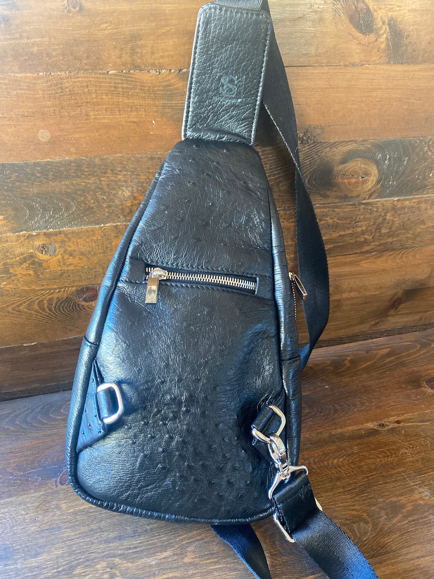 Black ostrich sling bag Mens/womens.