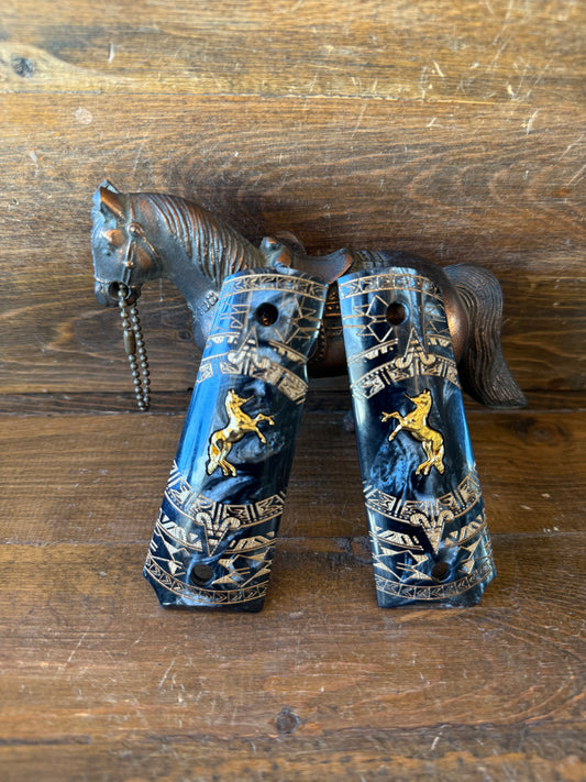 Black/gold Aztec W/gold horse grips (1911