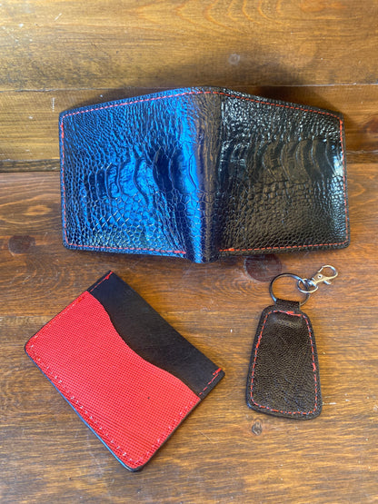 Black/red ostrich leg wallet set