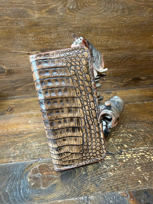 Rustic Brown crocodile belly long rodeo wallet