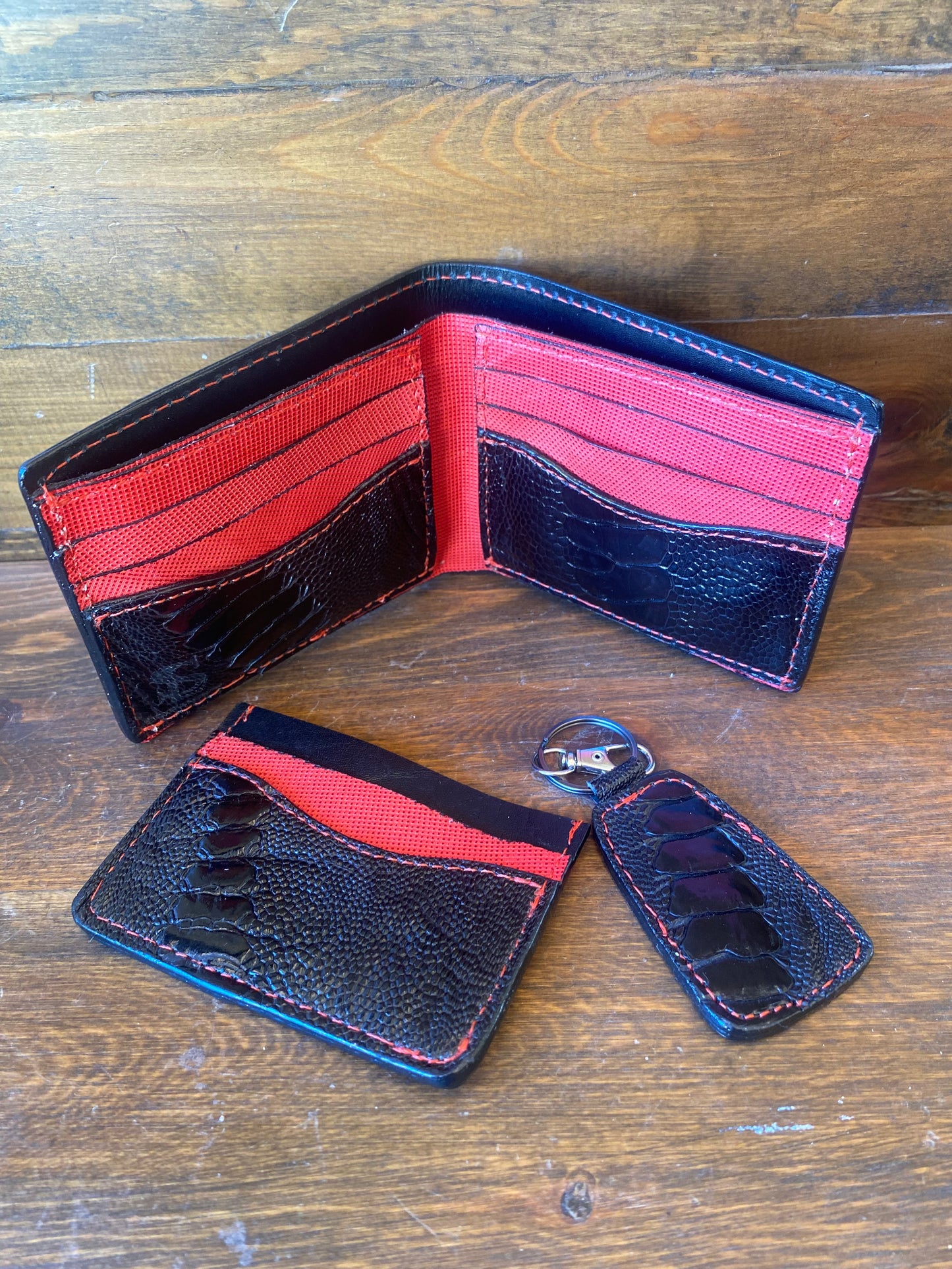 Black/red ostrich leg wallet set