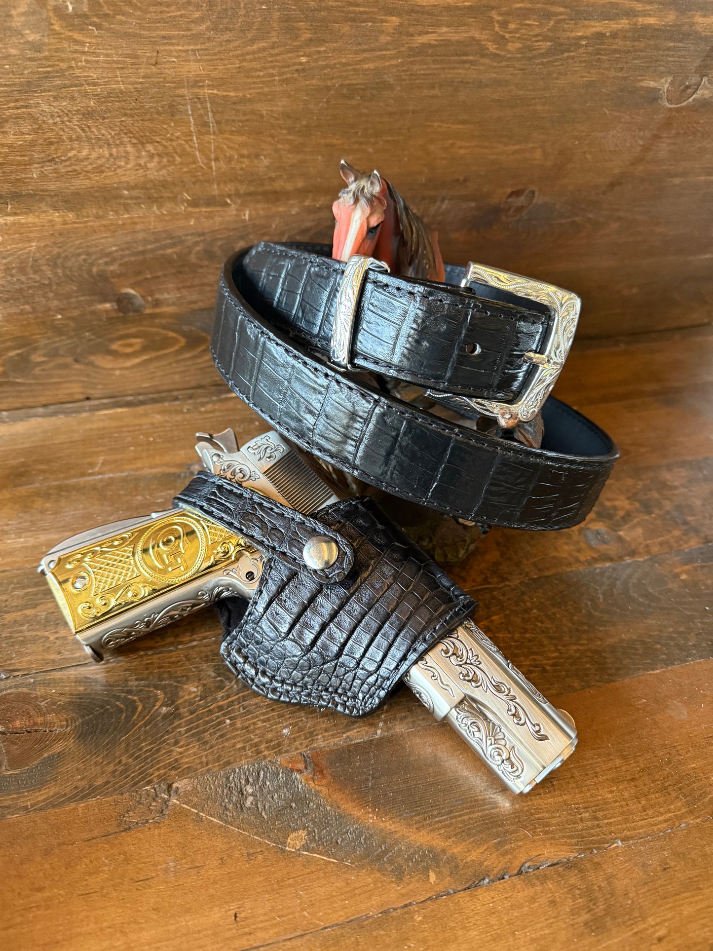 Black Crocodile skin matching belt and holster set
