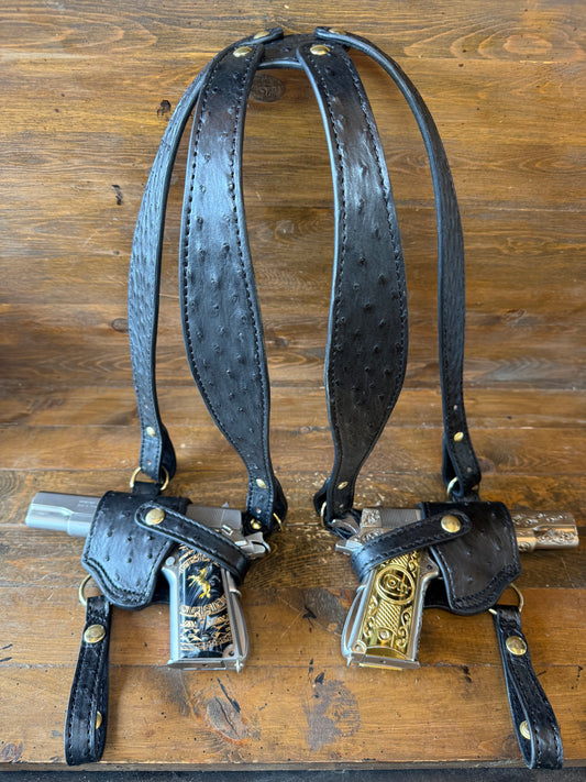Black/gold ostrich skin luxury shoulder holsters 2 guns. ( 1911, High Power )