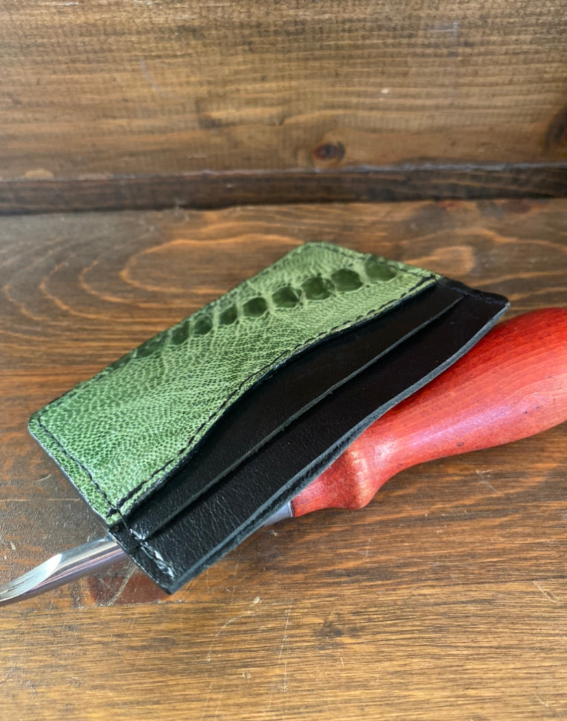 Green ostrich leg skin cardholder