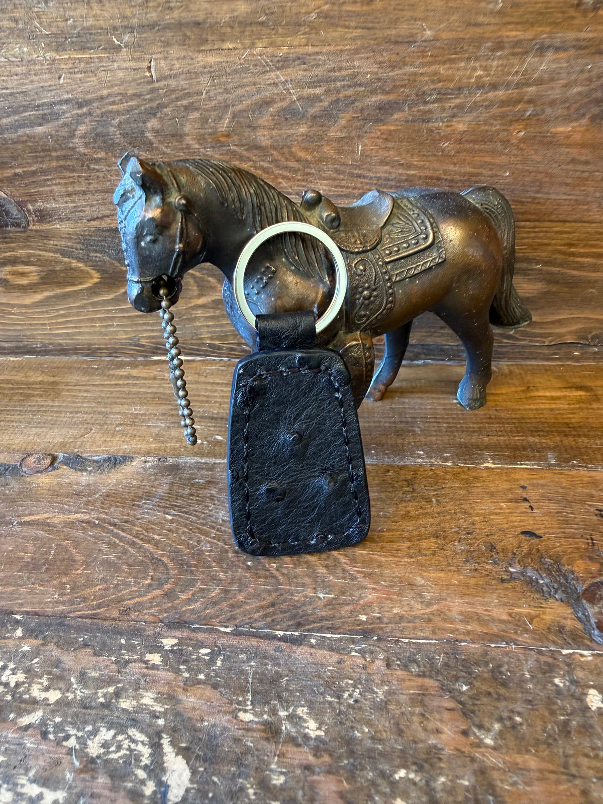 Black ostrich skin double sided keychain