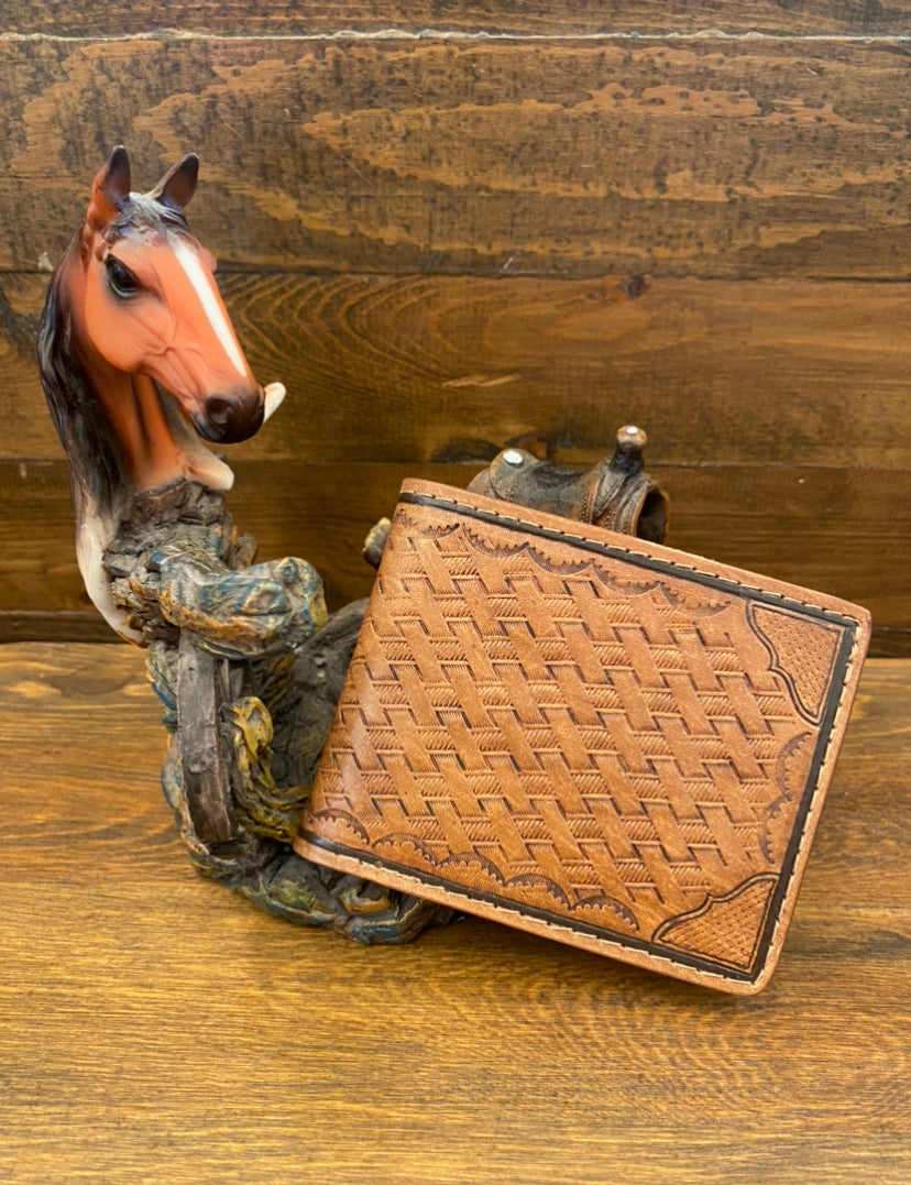 Veg tan basket hand stamped wallet