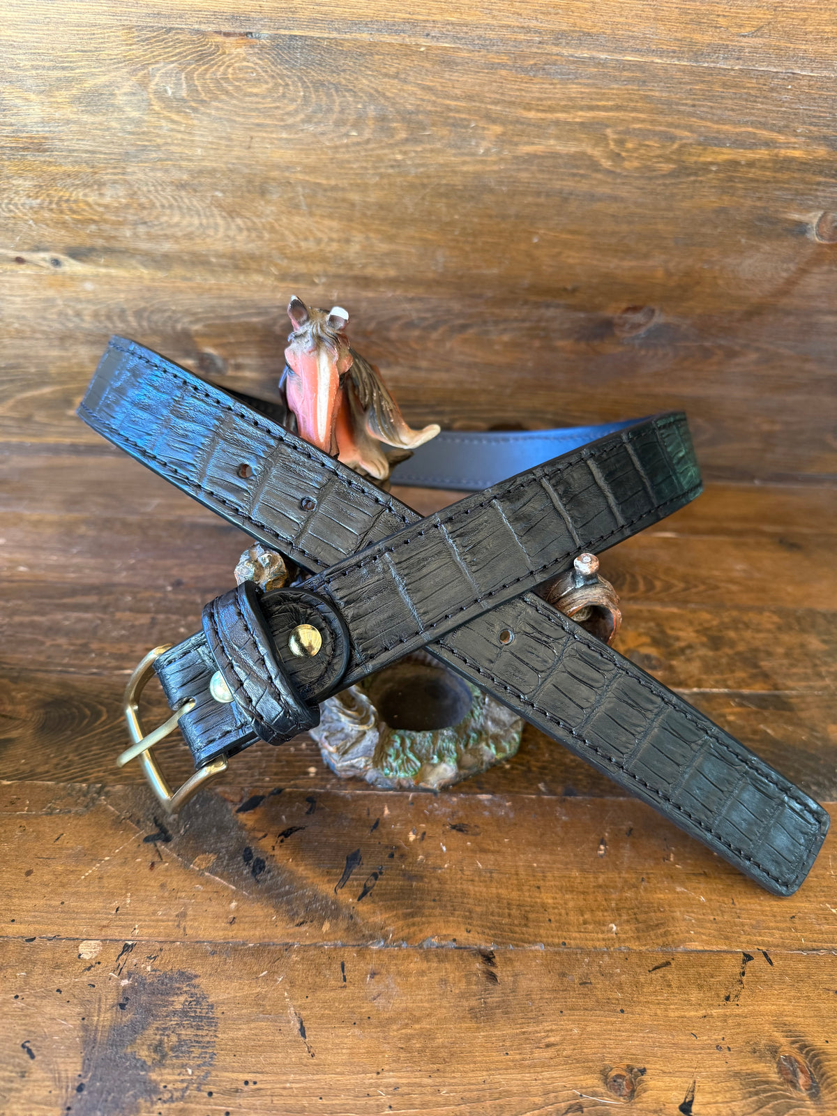 Black crocodile belt. Gold Brass buckle.
