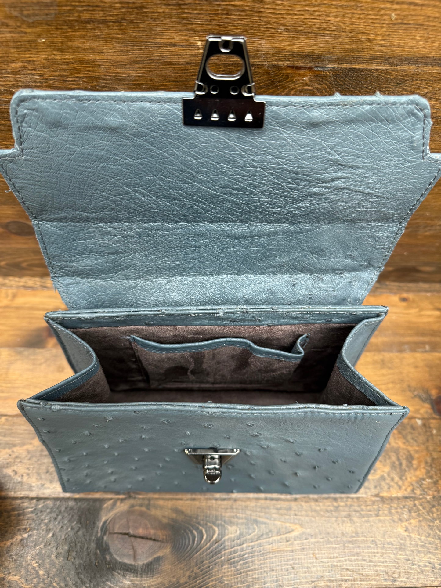 Dark gray ostrich skin handbag