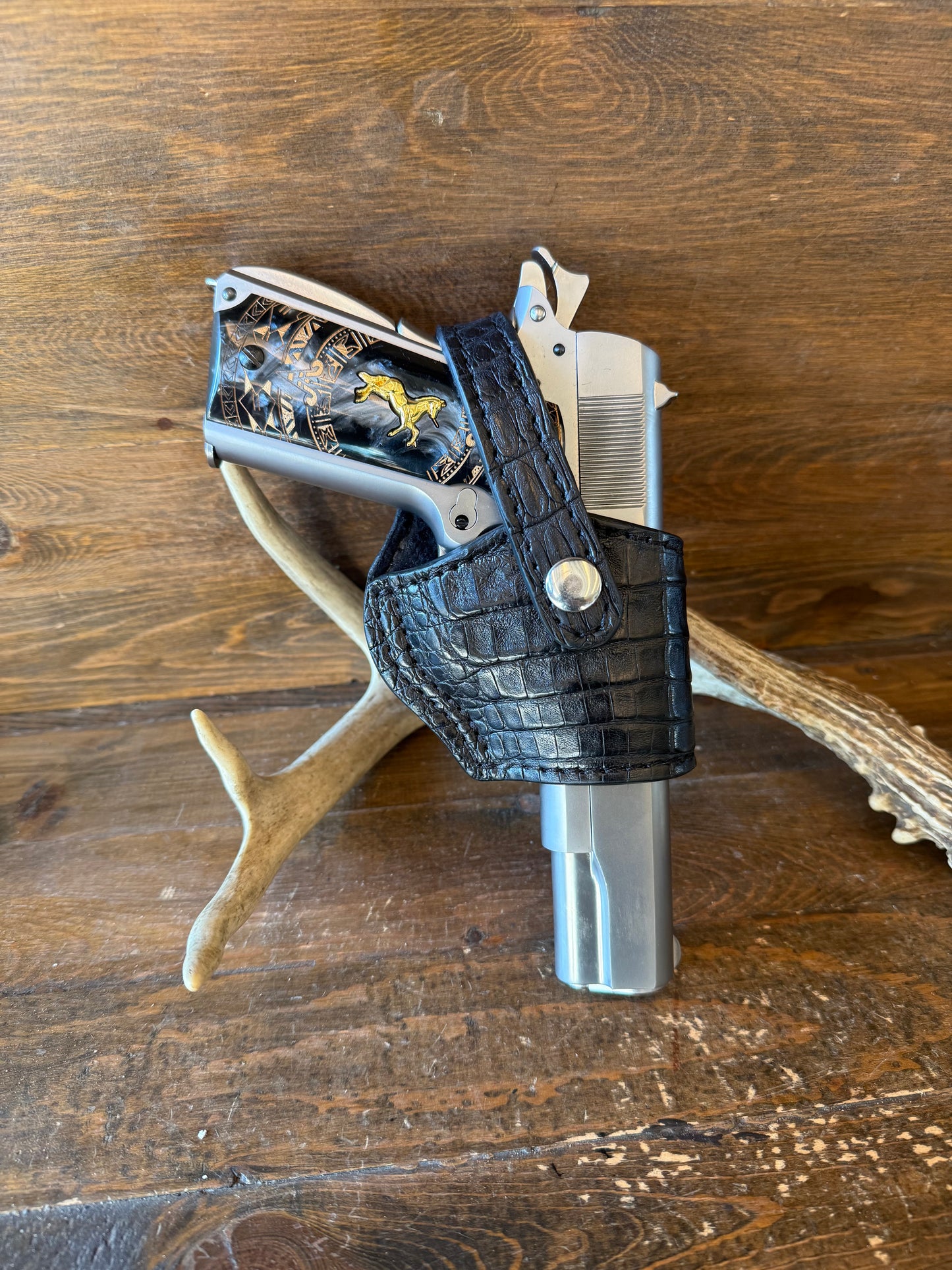 Black/Chrome crocodile belly compact holster. (1911)