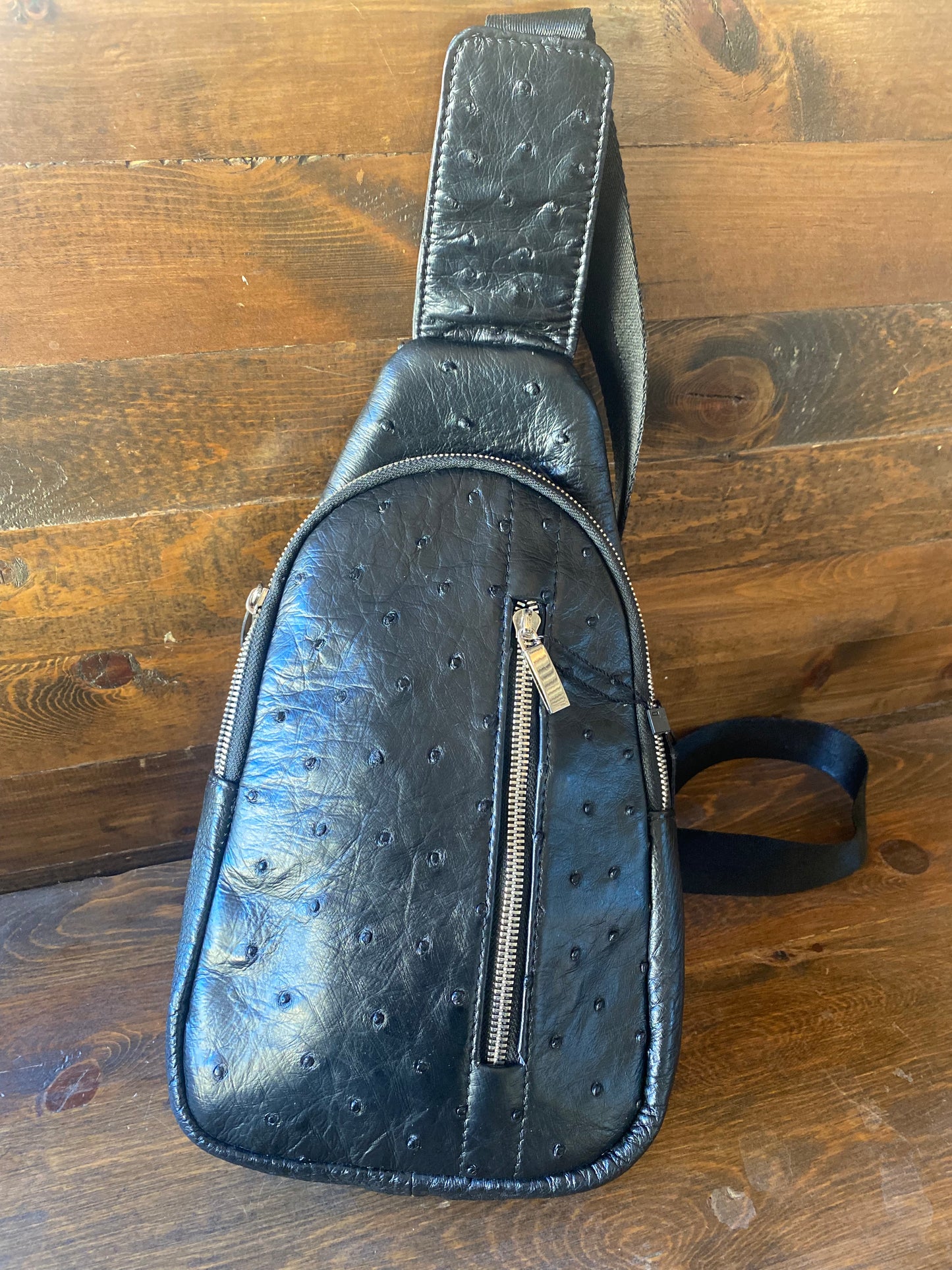 Black ostrich sling bag Mens/womens.