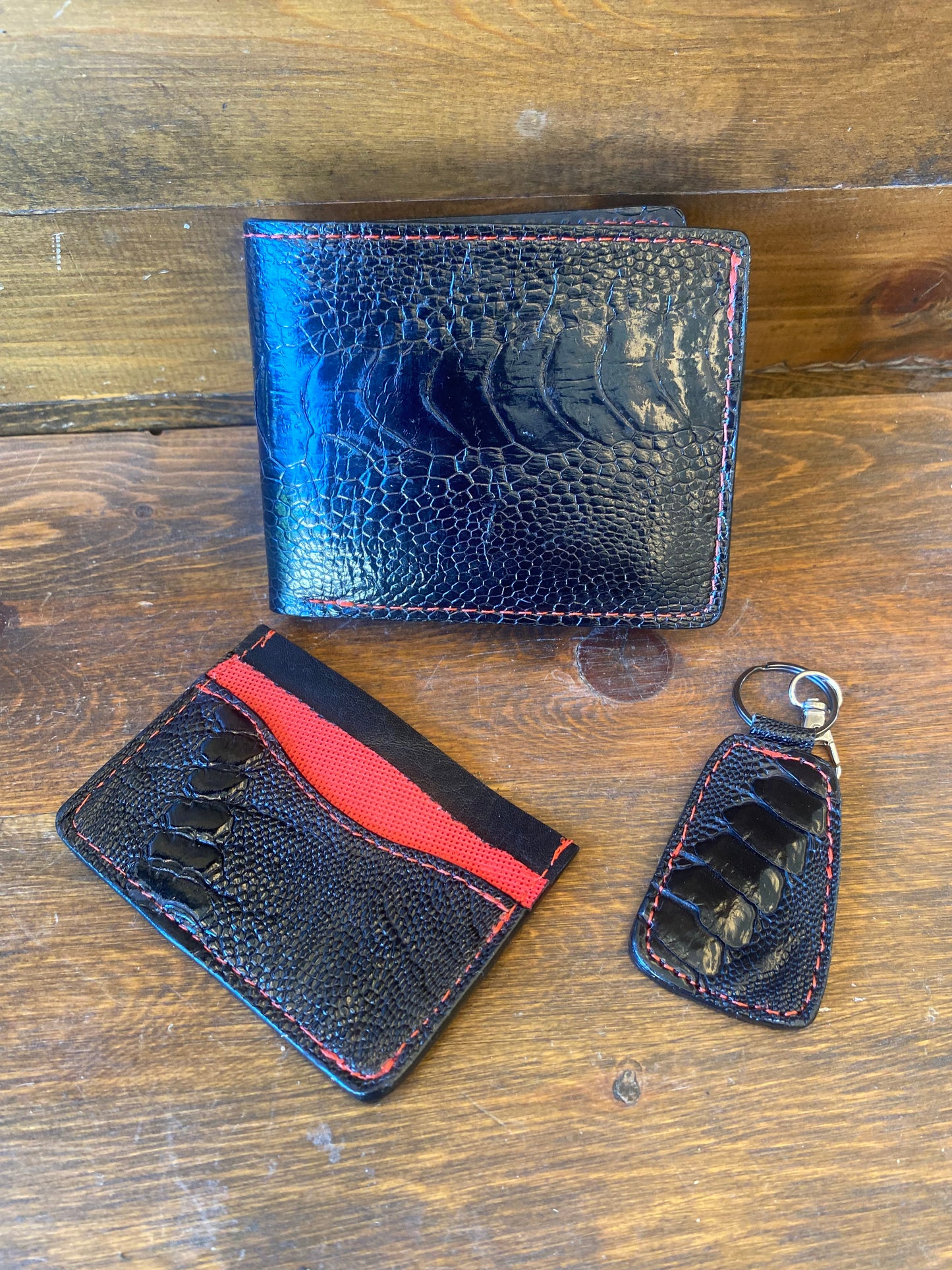 Black/red ostrich leg wallet set