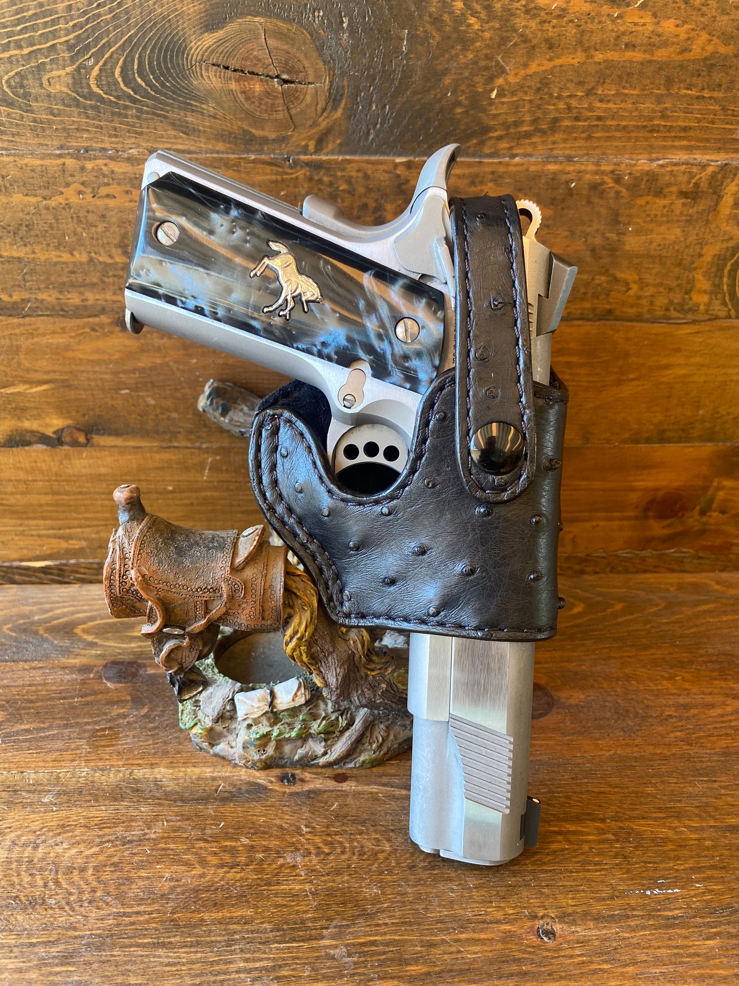 Black Compact ostrich skin holster. (1911). Open Trigger