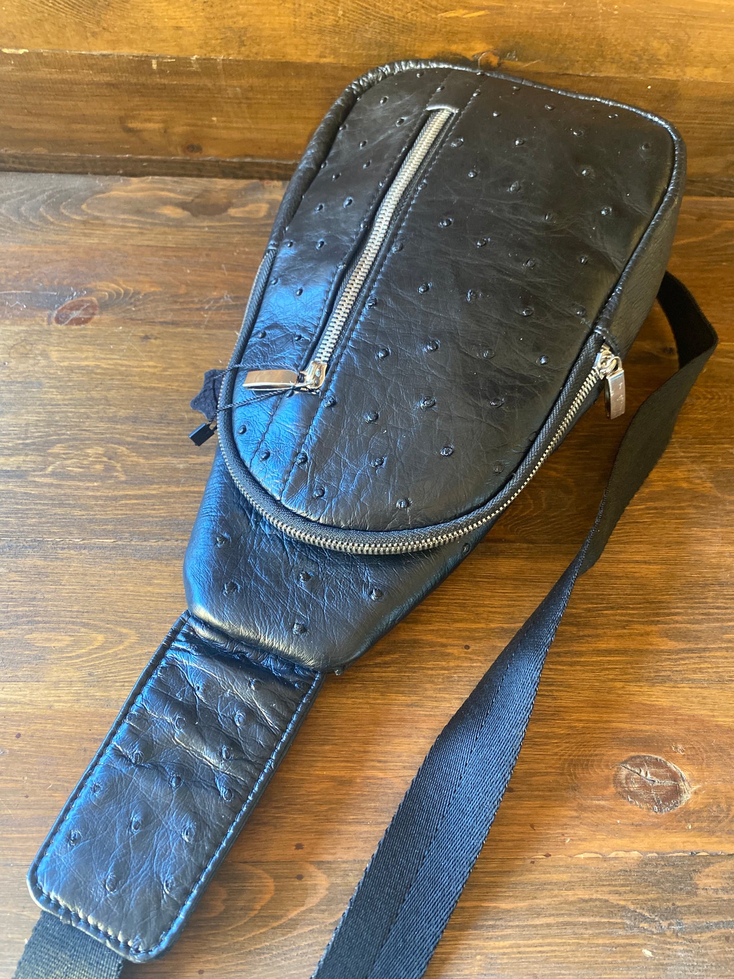 Black ostrich sling bag Mens/womens.