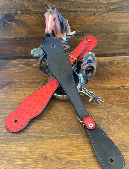 Red ostrich skin spur straps