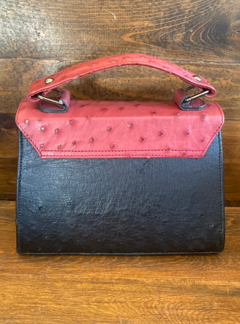 Black and rose red ostrich handbag