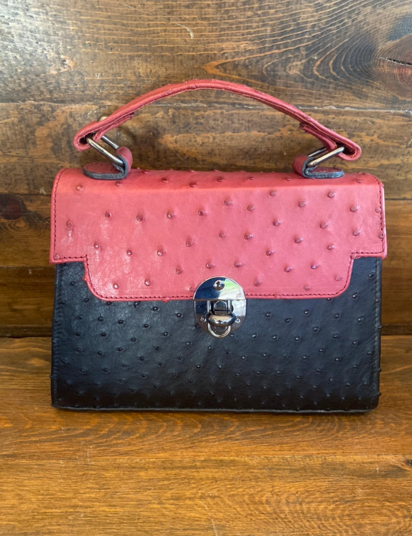 Black and rose red ostrich handbag