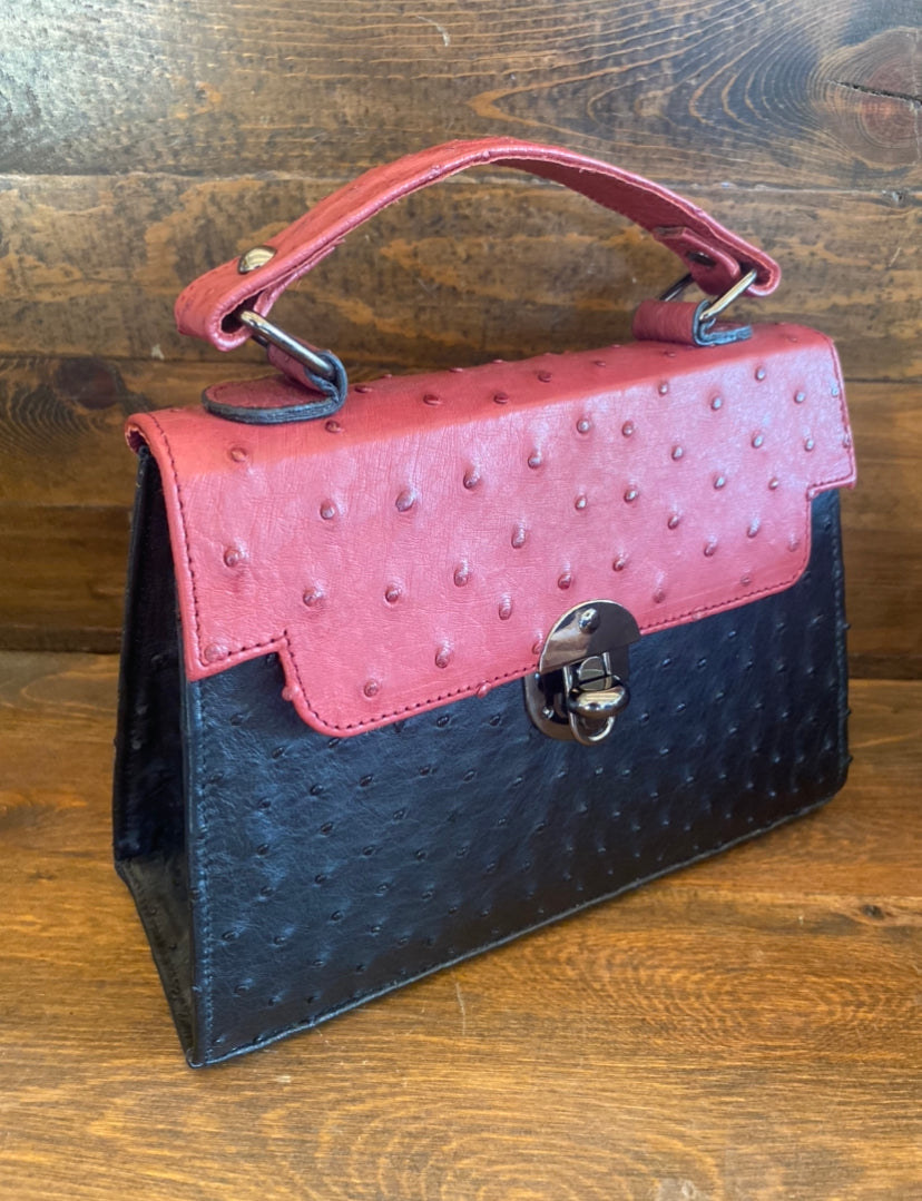 Black and rose red ostrich handbag