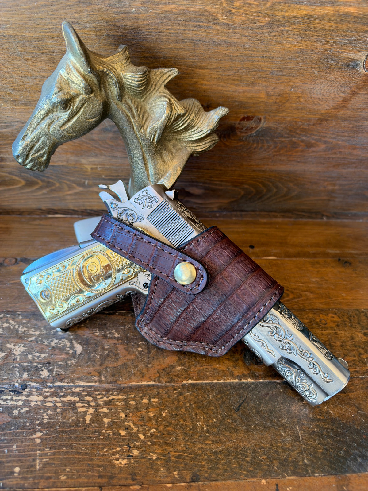Chocolate/gold crocodile skin  compact holster ( 1911, High  Power)